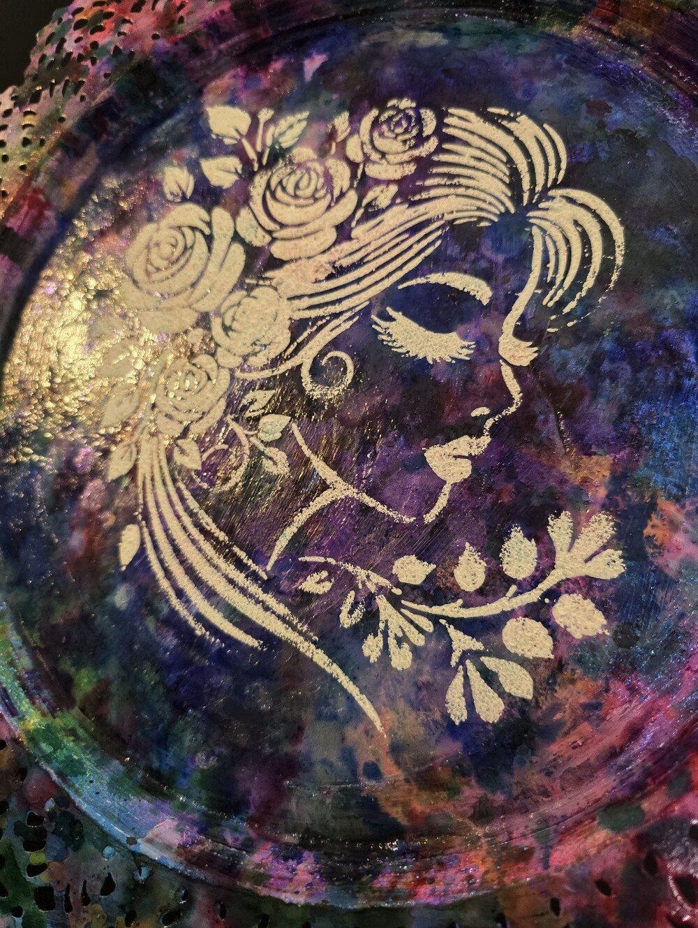 HANDCRAFTED Upcycled Metal Platter HANDPAINTED Tabletop Countertop Art Decor 15" - Picture 15 of 17